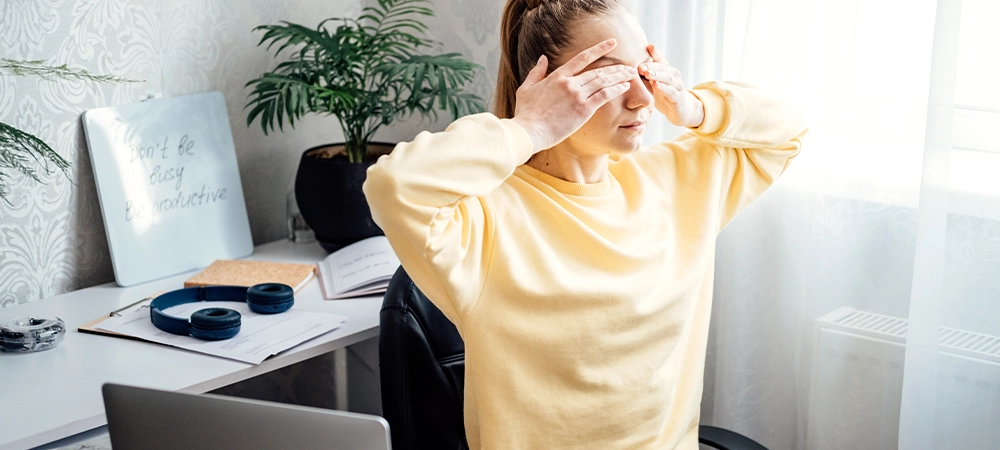 Ocular gymnastics, Eye Exercises to improve Vision. Tired freelancer woman massaging eyes feeling strain fatigue headache relieving pain