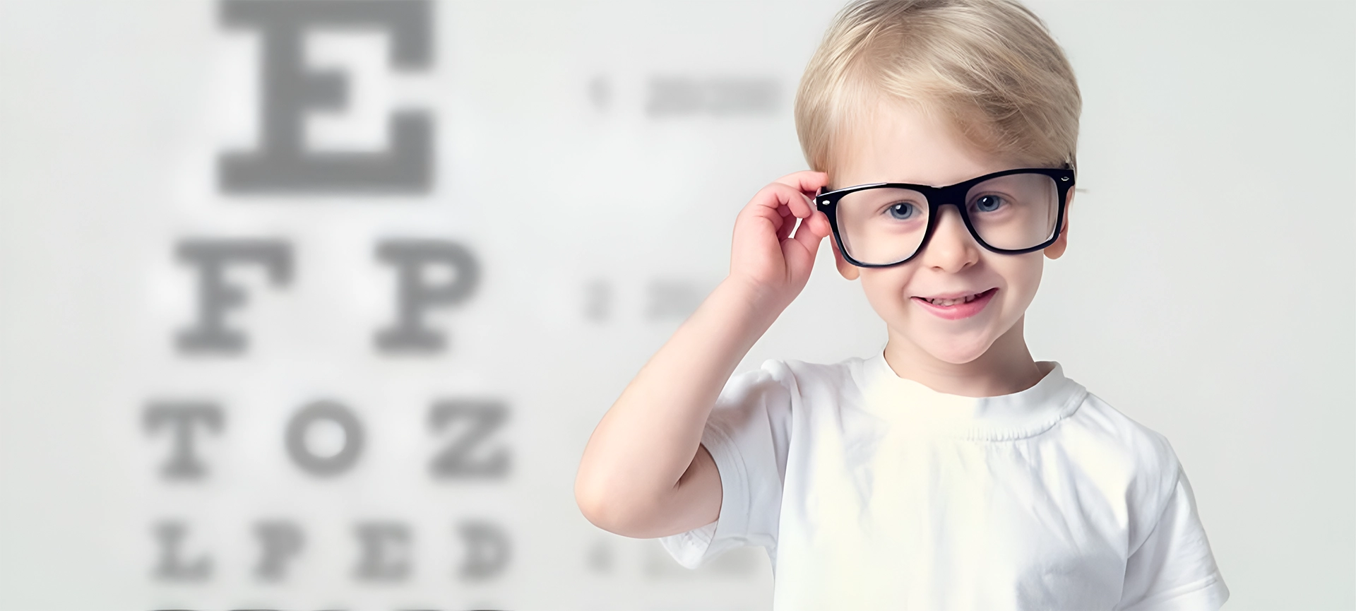 Happy young boy wearing glasses with blurred eye chart in background.