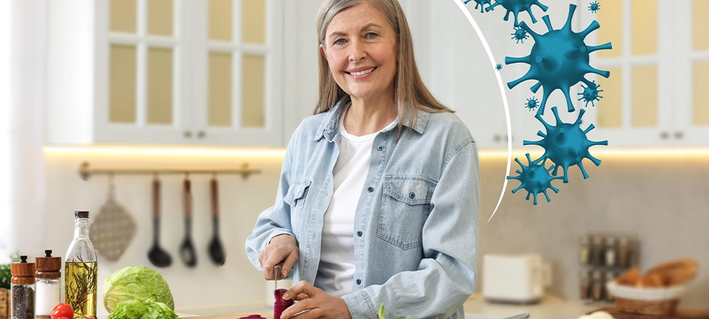 Happy woman with different food products in kitchen. Healthy diet - strong immunity